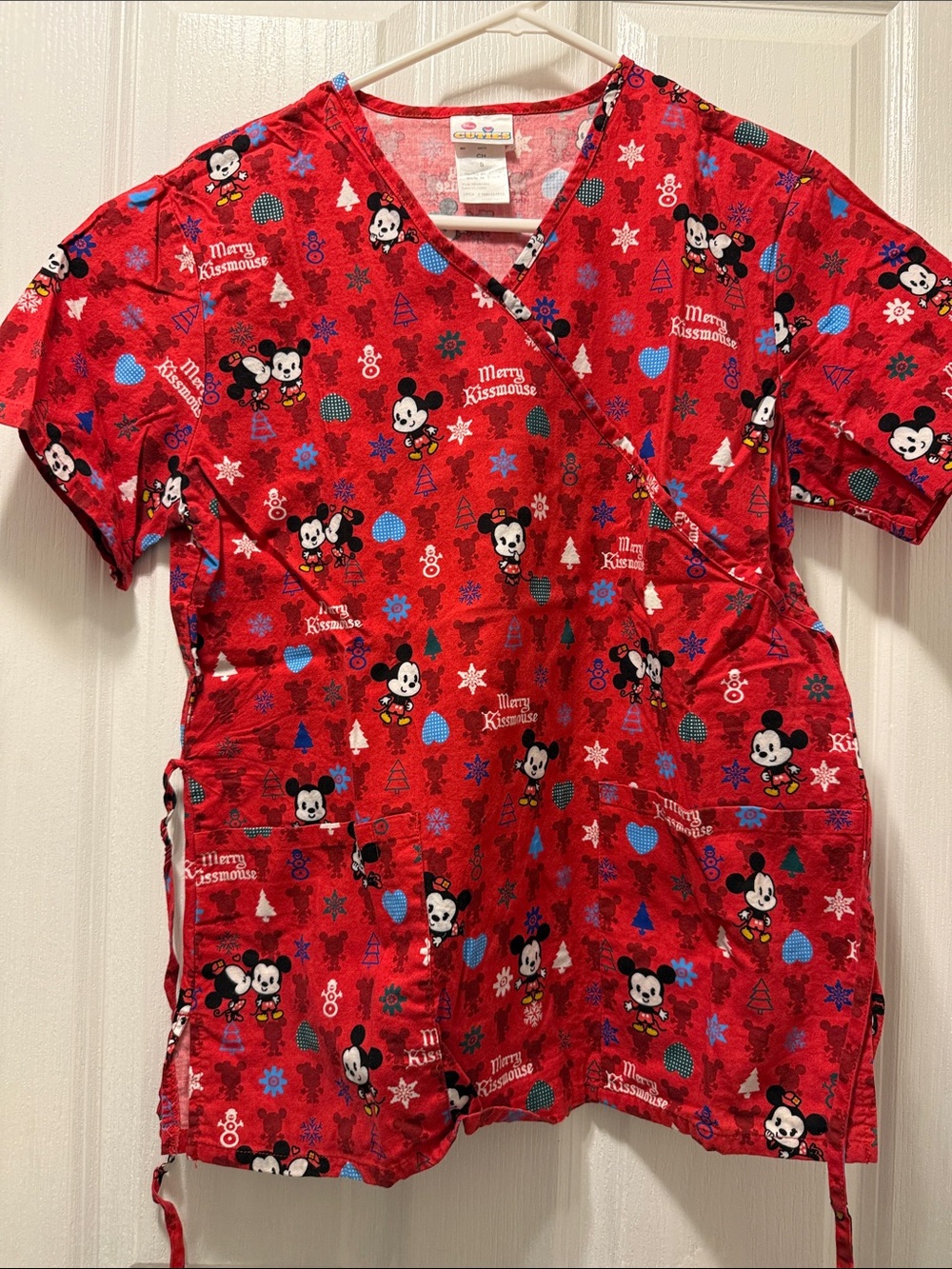 Mickey Mouse Red Holiday Wrap Scrub Top